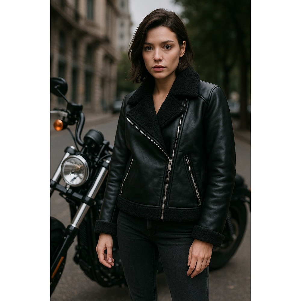 Goldie Faux Leather Sherpa Moto Bomber Jacket Women M Grunge Goth Y2K Edgy‎ Vtg